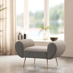 Ławki*KARE Design Ławka Do Przedpokoju Szara Tapicerowana Nogi Złote 100 Cm