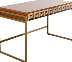 Biurka*KARE Design Biurko Z 2 Szufladami Fornir Orzechowy Nogi Złote Stalowe 120x59 Cm Front Efekt 3D