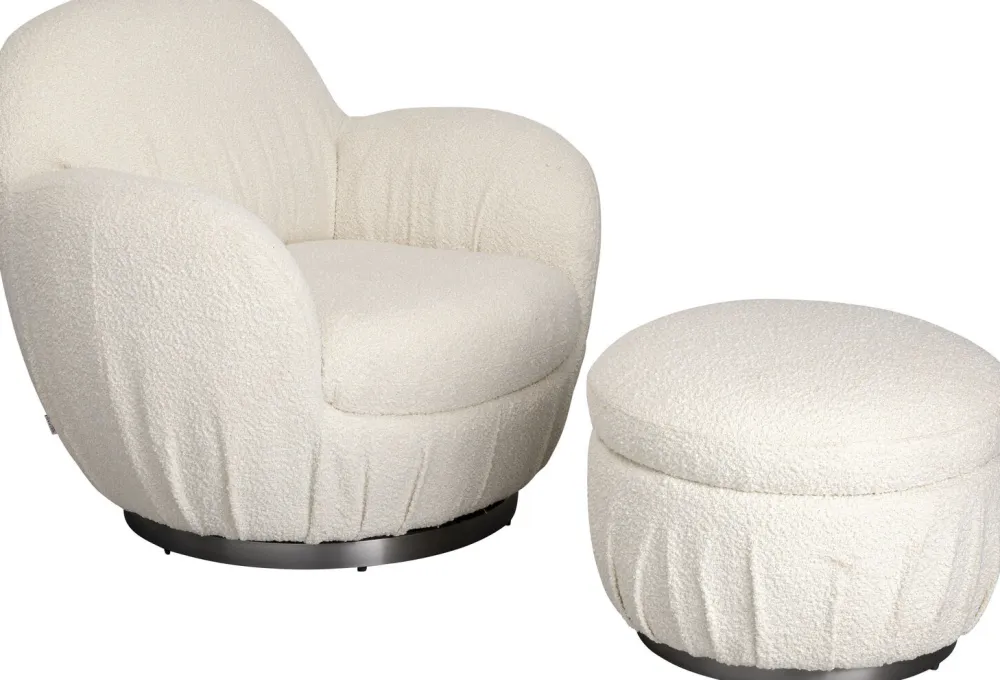 Fotele*KARE Design Fotel Biały Obrotowy Skandynawski Boucle Do Salonu 88x90 Cm