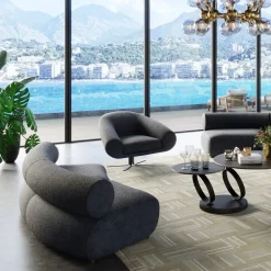 Fotele*KARE Design Fotel Duży Obrotowy Tapicerka Szaroniebieska Nogi Czarne 82x95 Cm