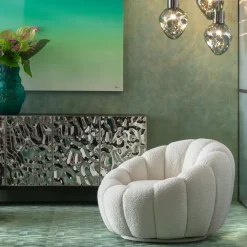 Fotele*KARE Design Fotel Obrotowy Do Salonu Biały Tkanina Boucle 94x66 Cm