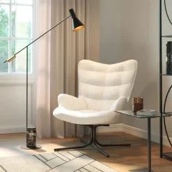 Fotele*KARE Design Fotel Obrotowy Do Salonu Tkanina Boucle Kremowa Nogi Czarne
