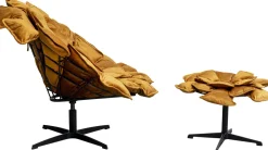 Fotele*KARE Design Fotel Obrotowy Musztardowy Z Podnóżkiem Podstawa Czarna Stalowa 82x80 Cm