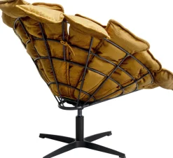 Fotele*KARE Design Fotel Obrotowy Musztardowy Z Podnóżkiem Podstawa Czarna Stalowa 82x80 Cm