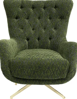 Fotele*KARE Design Fotel Obrotowy Pikowany Zielony Nogi Złote 80x90 Cm
