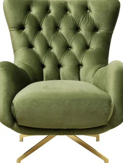 Fotele*KARE Design Fotel Obrotowy Welurowy Pikowany Zielony Nogi Złote 78x93 Cm