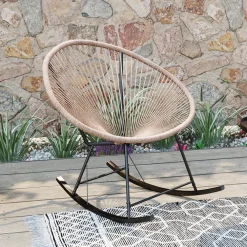 Fotele*KARE Design Fotel Ogrodowy Bujany Naturalny Nogi Stalowe Czarne 73x85 Cm