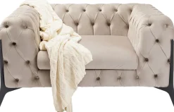 Fotele*KARE Design Fotel Welurowy Pikowany Beżowy Glamour Nogi Czarne 120x70 Cm