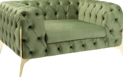 Fotele*KARE Design Fotel Welurowy Pikowany Zielony Glamour Nogi Złote 120x70 Cm