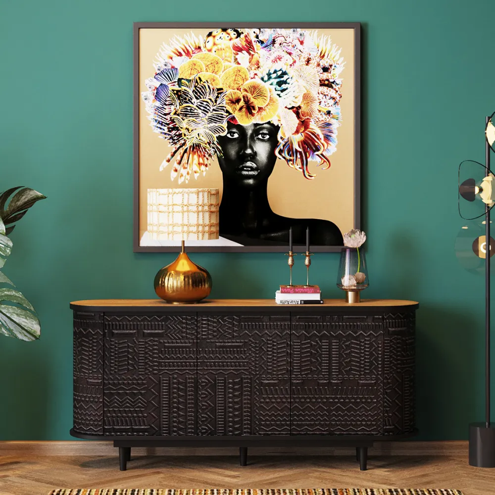 Komody*KARE Design Komoda 3-drzwiowa Boho Drewno Mango Czarne Blat Naturalny 160x75 Cm