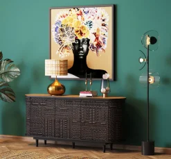 Komody*KARE Design Komoda 3-drzwiowa Boho Drewno Mango Czarne Blat Naturalny 160x75 Cm