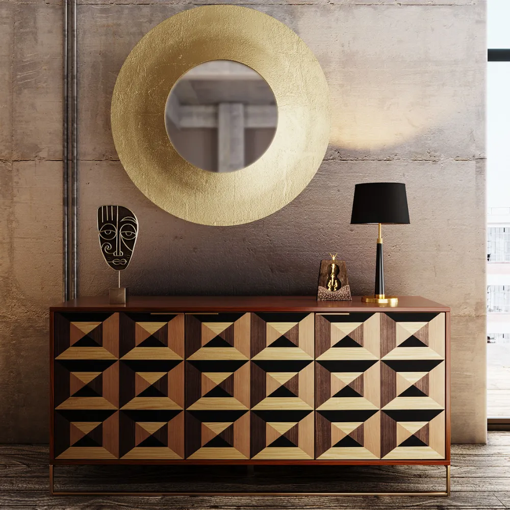 Komody*KARE Design Komoda 3-drzwiowa Fornir Orzechowy Nogi Złote Stalowe 160x78 Cm Front Efekt 3D