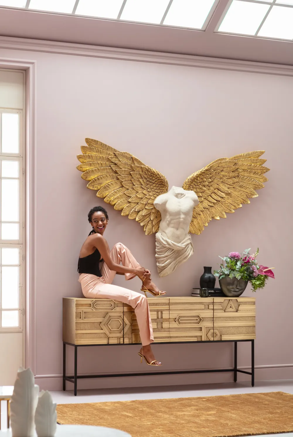 Komody*KARE Design Komoda 4-drzwiowa Złota Ręcznie Kuta Stal Mosiężna 183x86 Cm