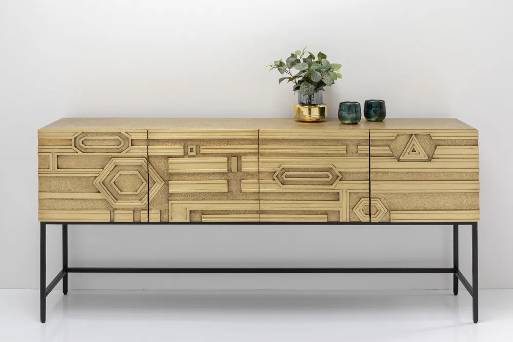 Komody*KARE Design Komoda 4-drzwiowa Złota Ręcznie Kuta Stal Mosiężna 183x86 Cm