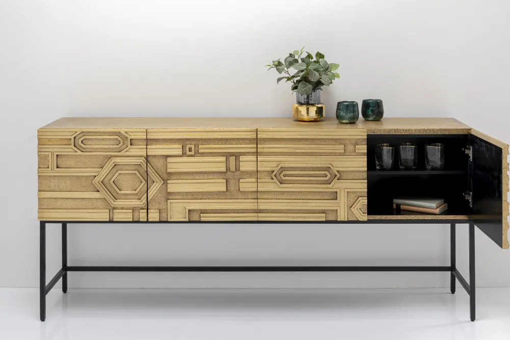 Komody*KARE Design Komoda 4-drzwiowa Złota Ręcznie Kuta Stal Mosiężna 183x86 Cm