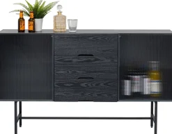 Komody*KARE Design Komoda Loft Z 3 Szufladami Czarna Stalowa Front Szkło Ryflowane I MDF 150x90 Cm