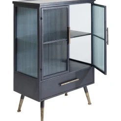 Komody*KARE Design Komoda Metalowa Czarna Grafitowa Z Przeszklonymi Frontami Złotymi Uchwytami Metalowymi Nogami 65x38 Cm
