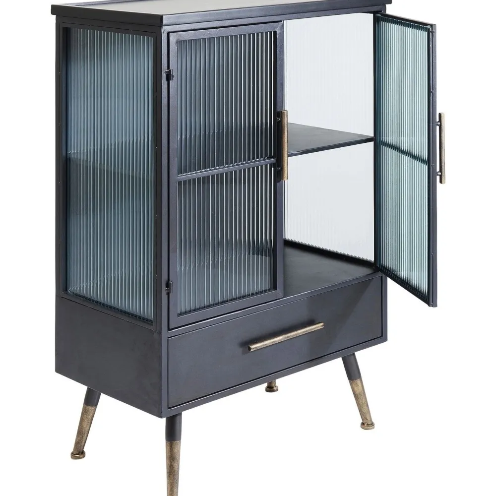 Komody*KARE Design Komoda Metalowa Czarna Grafitowa Z Przeszklonymi Frontami Złotymi Uchwytami Metalowymi Nogami 65x38 Cm
