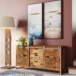 Komody*KARE Design Komoda Z 3 Szufladami I Drzwiami Przesuwnymi Drewno Akacjowe Nogi Stalowe 160x78 Cm
