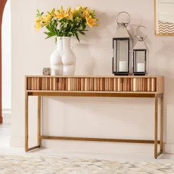 Konsole I Toaletki*KARE Design Konsola Z Szufladami MDF Naturalna 136x40 Cm Front Sklejka Jesionowa