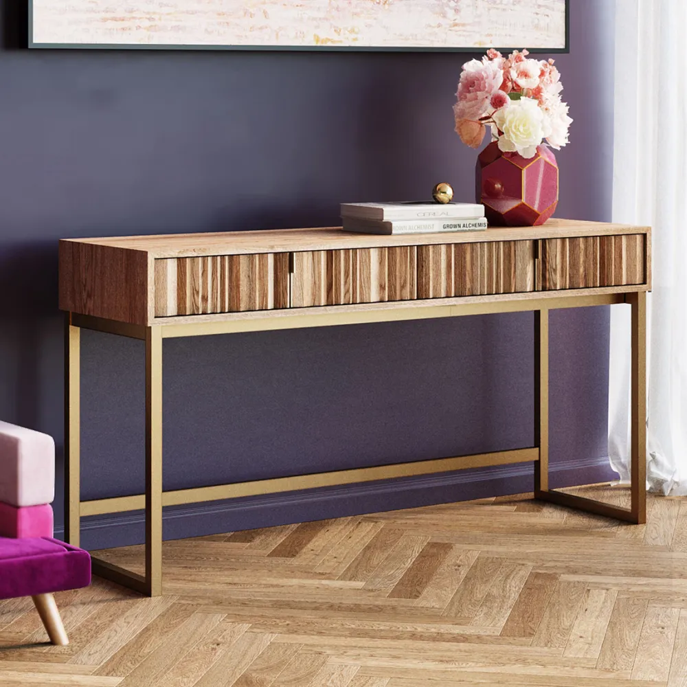 Konsole I Toaletki*KARE Design Konsola Z Szufladami MDF Naturalna 136x40 Cm Front Sklejka Jesionowa