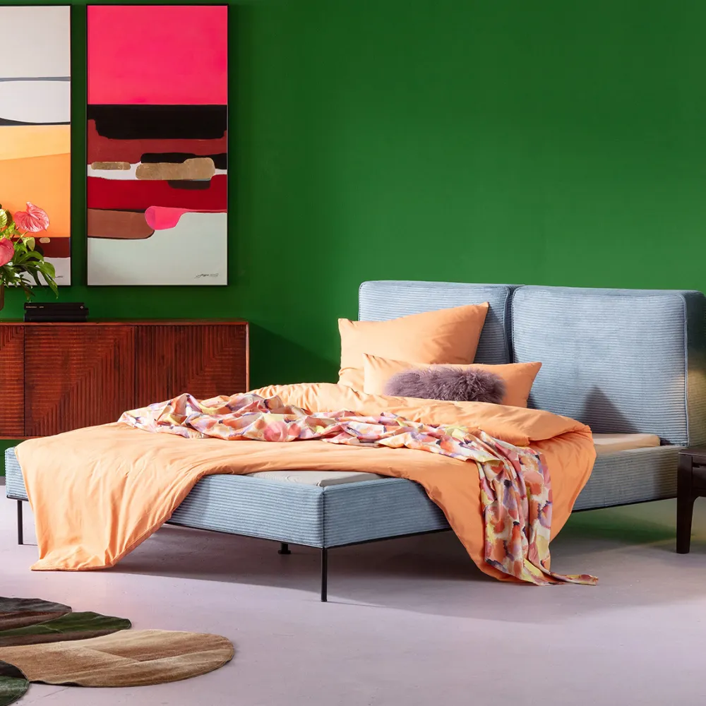 Łóżka*KARE Design Łóżko Podwójne Z Zagłówkiem Niebieskie Nogi Czarne 160x200 Cm