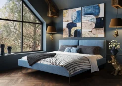 Łóżka*KARE Design Łóżko Podwójne Z Zagłówkiem Niebieskie Nogi Czarne 180x200 Cm