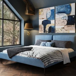 Łóżka*KARE Design Łóżko Podwójne Z Zagłówkiem Niebieskie Nogi Czarne 180x200 Cm