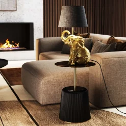 Lampy Stołowe*KARE Design Lampa Stołowa Glamour Złoty Słonik Abażur Czarny 27x48 Cm