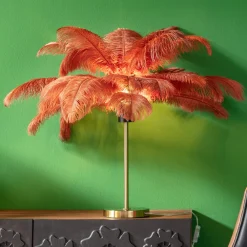Lampy Stołowe*KARE Design Lampa Stołowa Palma Brązowa Rdzawa Strusie Pióra 60 Cm Podstawa Złota
