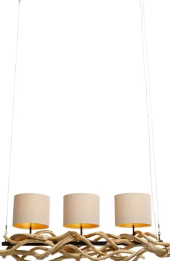 Lampy Wiszące*KARE Design Lampa Wisząca Drewno Naturalne I Stal Czarna 115 Cm Klosze Lniane Beżowe