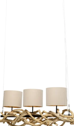 Lampy Wiszące*KARE Design Lampa Wisząca Drewno Naturalne I Stal Czarna 115 Cm Klosze Lniane Beżowe