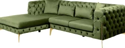 Narożniki*KARE Design Narożnik Lewy Welurowy Pikowany Zielony Glamour 240x180 Cm Nogi Złote
