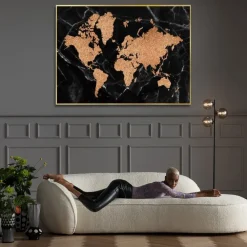 Obrazy*KARE Design Obraz Duży Czarno-złoty Mapa świata Front Szklany 150x100 Cm