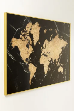 Obrazy*KARE Design Obraz Duży Czarno-złoty Mapa świata Front Szklany 150x100 Cm