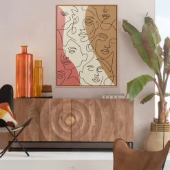 Obrazy*KARE Design Obraz 3-kolorowy Twarze Abstrakcyjne Rama W Kolorze Naturalnym 90x120 Cm