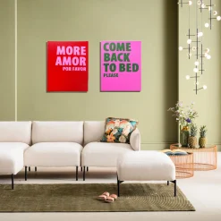 Obrazy*KARE Design Obraz Różowy Z Zielonym Napisem Come Back To Bed Please 40x50 Cm