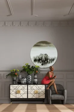Obrazy*KARE Design Obraz Szklany Szary Okrągły Ø120 Słonie