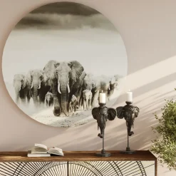 Obrazy*KARE Design Obraz Szklany Szary Okrągły Ø120 Słonie