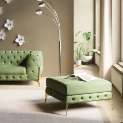 Taborety*KARE Design Podnóżek Welurowy Pikowany Zielony Nogi Złote Stalowe 80x80 Cm