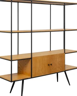 Regały*KARE Design Regał Ze Schowkiem Półki Naturalne Fornir Dębowy Rama Czarna Stalowa 180x183 Cm