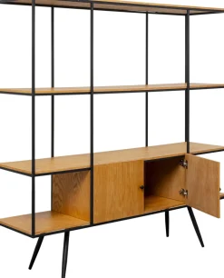 Regały*KARE Design Regał Ze Schowkiem Półki Naturalne Fornir Dębowy Rama Czarna Stalowa 180x183 Cm