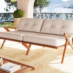 Sofy*KARE Design Sofa Ogrodowa 3-osobowa Siedzisko Kremowe 180 Cm Nogi Drewno Akacjowe