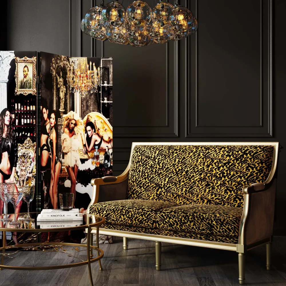 Sofy*KARE Design Sofa 2-os. Glamour Do Salonu Panterka Rama Złota 135 Cm