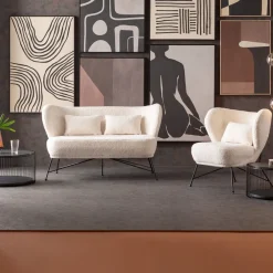 Sofy*KARE Design Sofa 2-osobowa Biała Boucle Nogi Czarne Stalowe 139 Cm
