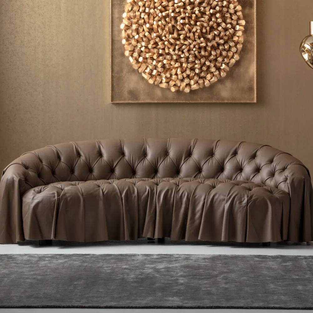 Sofy*KARE Design Sofa 3-osobowa Pikowana Brązowa Skóra Semianilinowa 226 Cm