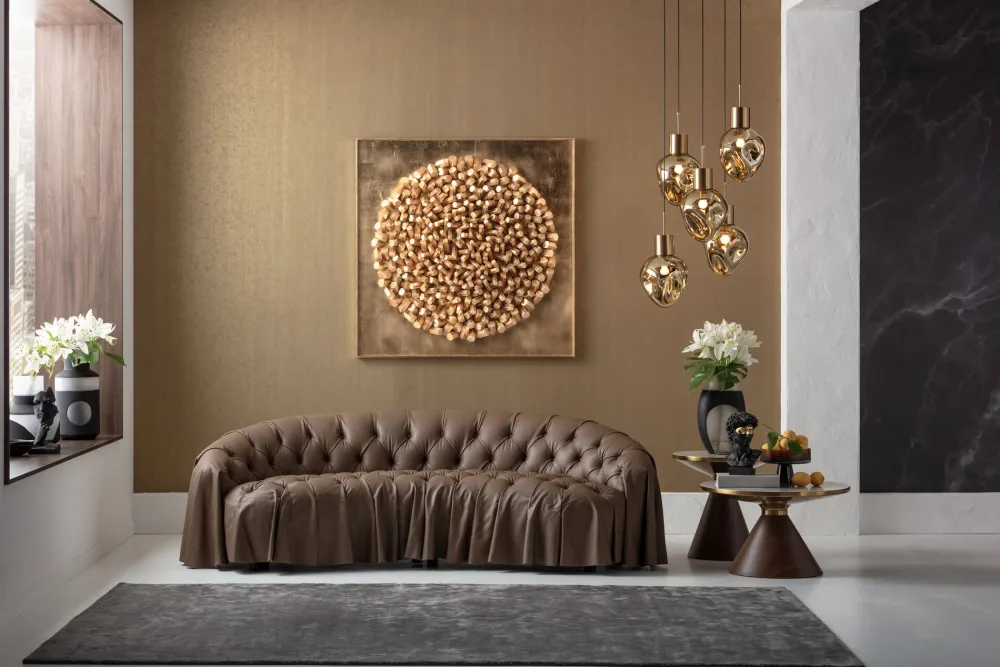 Sofy*KARE Design Sofa 3-osobowa Pikowana Brązowa Skóra Semianilinowa 226 Cm