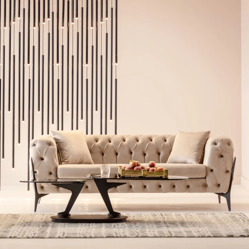 Sofy*KARE Design Sofa 2-osobowa Welurowa Pikowana Beżowa Nogi Czarne 200 Cm