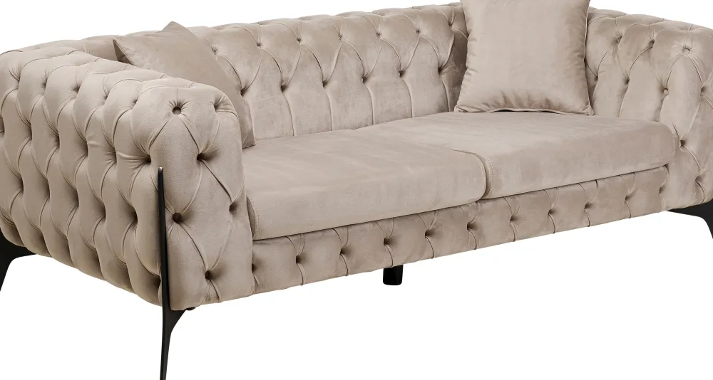 Sofy*KARE Design Sofa 2-osobowa Welurowa Pikowana Beżowa Nogi Czarne 200 Cm