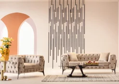Sofy*KARE Design Sofa 2-osobowa Welurowa Pikowana Beżowa Nogi Czarne 200 Cm